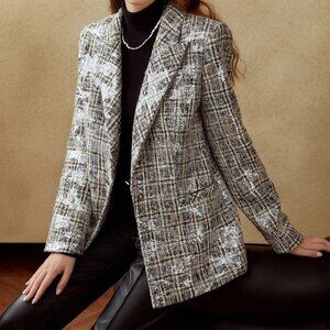 MULTICOLOR PREPPY WOMENS PLAID SEQUIN BLAZER